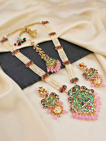 Traditional Pink Kundan & Pearl Long Necklace Set for Women | Gold Plated Meenakari Bridal Jewellery Set with Matching Earrings and Maang Tikka | (2970-J5SK-2300-PK)Make a statement of timeless grace with this exquisite long-strand moti jewelry set.