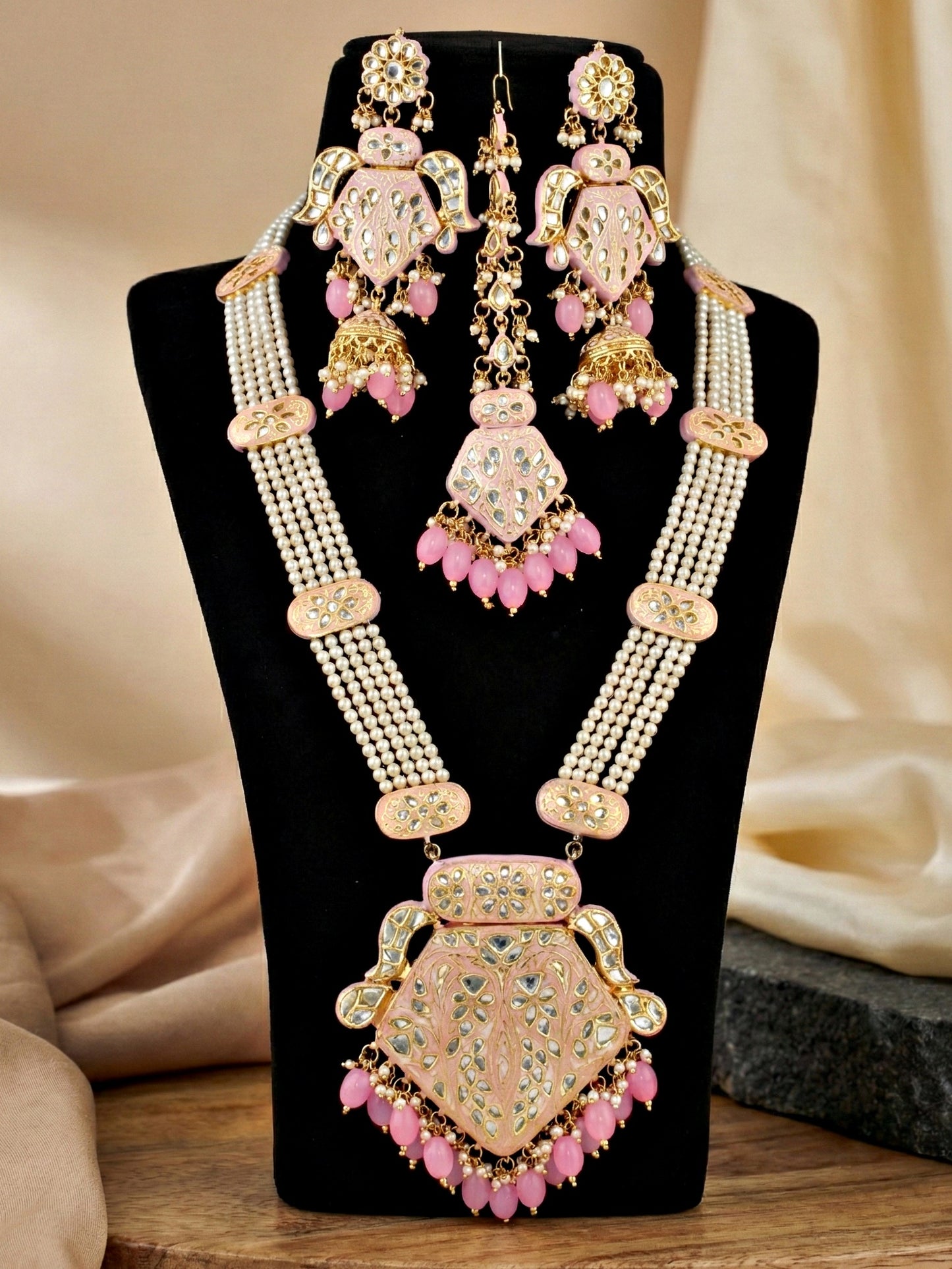 Traditional Pink Kundan & Pearl Long Necklace Set for Women | Gold Plated Meenakari Bridal Jewellery Set with Matching Earrings and Maang Tikka | (2970-J5SK-2300-PK)Make a statement of timeless grace with this exquisite long-strand moti jewelry set.