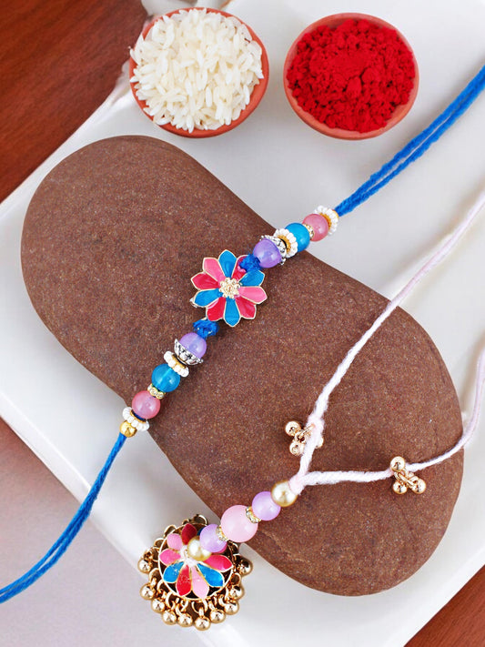 Lucky Jewellery Designer Gold Plated Pink & Turquoise Color Meenakari Rakhi - Rakshabandhan Rakhee with Tasseled Lumba Bracelet for Brother Bhaiya Bhai Bhabhi - Pack of 2 (240-CHCR1-1146-PKB-2)