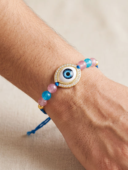 Evil Eye Rakhi for Brother. Protective Charm with Pink & Blue Beads, Roli, Chawal & Card (265-CHR1-1191-F-1-2026)