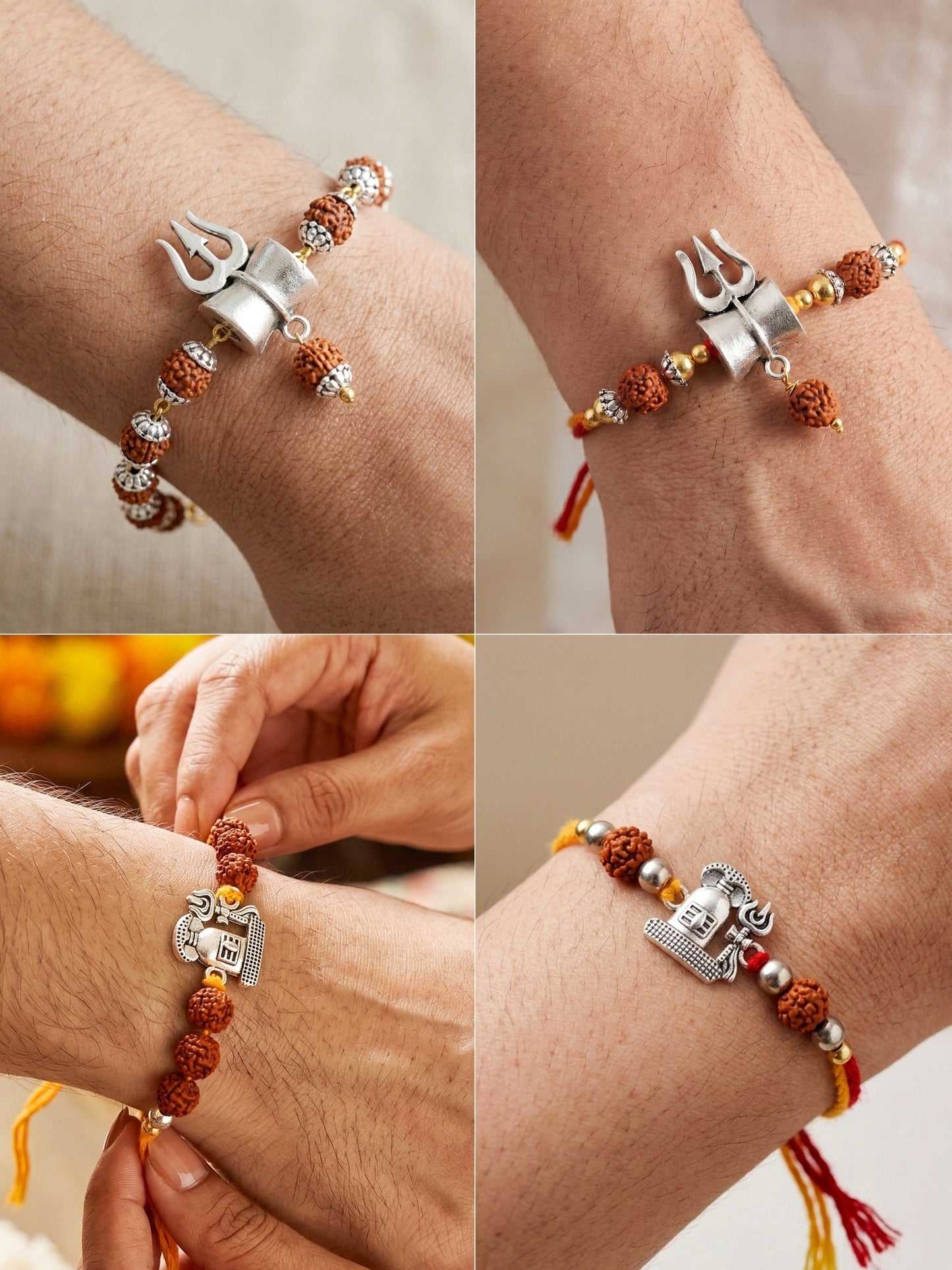 Set of 4 Rakhi with Trishul & Shivling Pendants, Rudraksha Beads, Roli Chawal & Card (220-CHR1-196372-4-2026)
