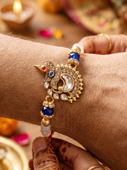 Designer Peacock Blue Stone & Beaded Rakhi for Brother with Roli Chawal & Greeting Card (61-S7R1-EA2527)