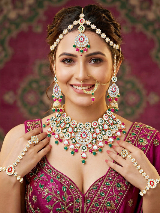 Bridal Kundan Red Green Multicolor Choker Jewellery Set with Hathphool & Nath (2541-IZK-554-RG)