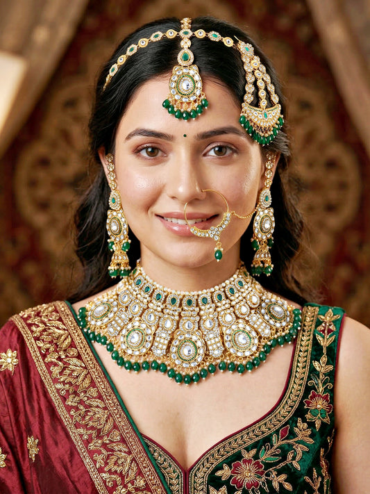 Bridal AD Green Stone Heavy Choker Jewellery Set with Sheesh Patti, Nath & Jhumka (3300-M8ZK-1103-G)