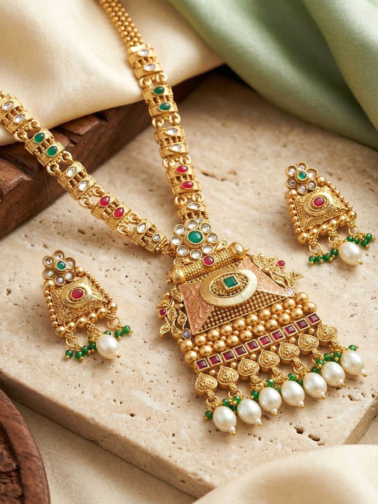Lucky Jewellery Gold-Plated Ruby & Green Color Long Necklace Set (816-G2SR-207-RG)