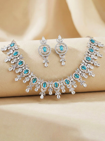 Silver-Tone Ferozi (Turquoise) Stone & American Diamond Necklace Set with Earrings for Women – Office, Party & Function Wear (1717-K4SA-2242-F-S)