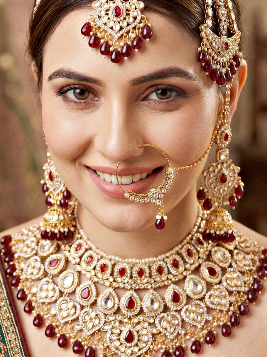Bridal AD Maroon Stone Heavy Choker Jewellery Set with Sheesh Patti, Nath & Jhumka (3300-M8ZK-1102-M)