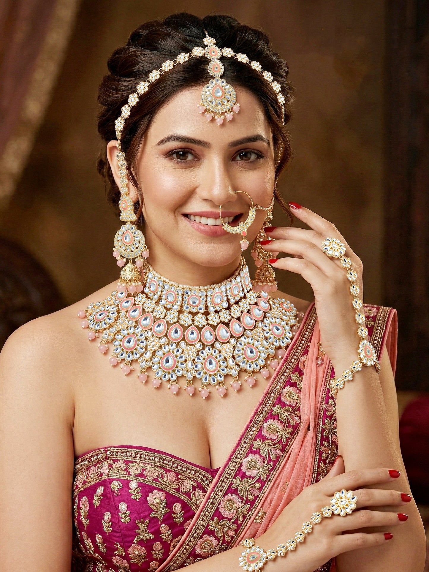 Bridal Kundan Pink Heavy Choker Jewellery Set with Hathphool & Nath (2640-IZK-551-PK)