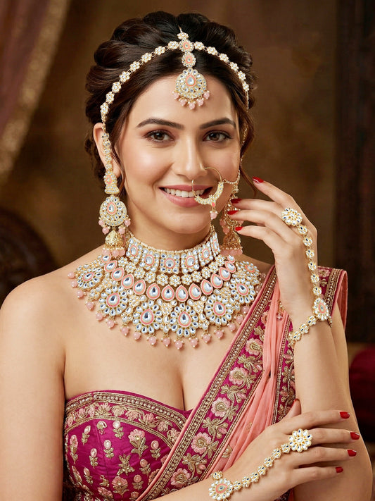 Bridal Kundan Pink Heavy Choker Jewellery Set with Hathphool & Nath (2640-IZK-551-PK)
