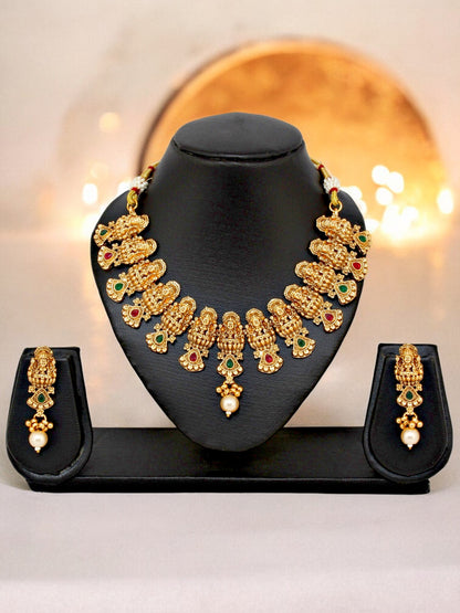 Gold Plated Temple Jewellery Goddess Lakshmi Design Necklace with Earrings