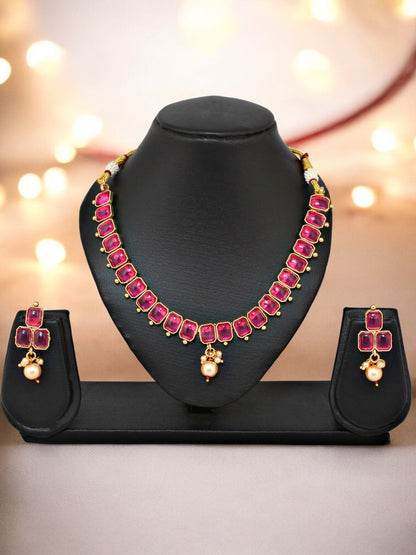 Gold Plated Magenta Color Choker Necklace Set with Earrings for Women & Girls