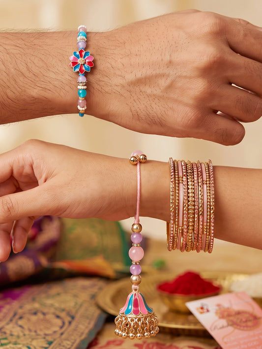 Set of 2 Designer Floral Bhaiya Bhabhi Rakhi Set with Meenakari Jhumki Lumba, Roli, Chawal & Card (240-CHCR1-1146-PKB-2-2026)