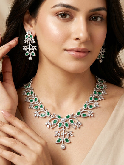 Lucky Jewellery Silver-Tone Green Stone & American Diamond Necklace Set with Earrings for Women – Office, Party & Function Wear (1948-K4SA-2241-G-S)
