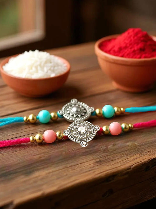 Lucky Jewellery Designer Oxidised Silver Rakhi - Rakshabandhan Rakhee Bracelet for Brother/Bhaiya/Bhai/Bhabhi - Pack of 2 (84-JPR1-1962-S-2)