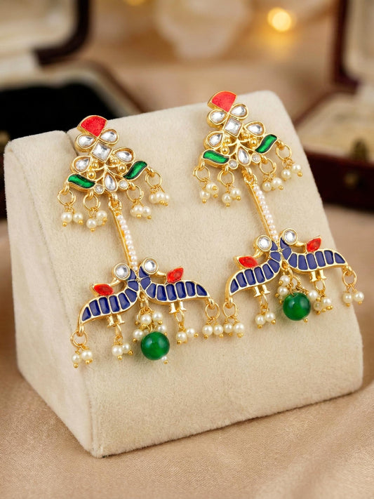 LUCKY JEWELLERY Gold Plated Enamel Peacock Design multicolor with Green Beads Earring For Girls & Women | Kashmiri Style Earing Set | Birthday Gift Earrings Valentine Anniversary
