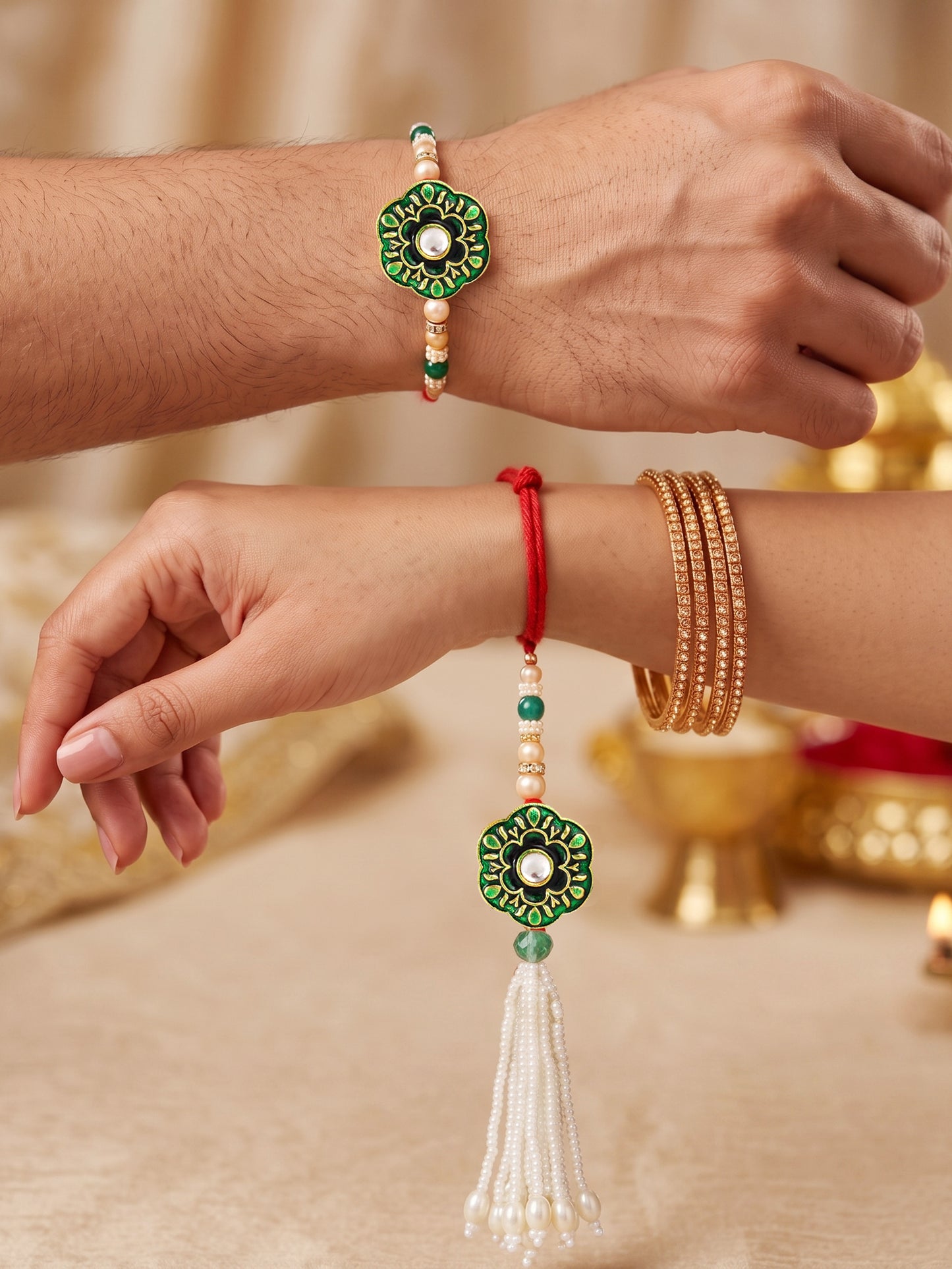 Set of 2 Bhaiya Bhabhi Rakhi Set with Floral Pendant, Green & Golden Beads,Tassel Lumba,Roli Chawal (130-JPCR1-1853-G-2-2026)