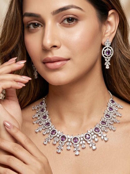 Silver-Tone Purple Stone & American Diamond Necklace Set with Earrings for Women – Office, Party & Function Wear (1717-K4SA-2242-P-S)