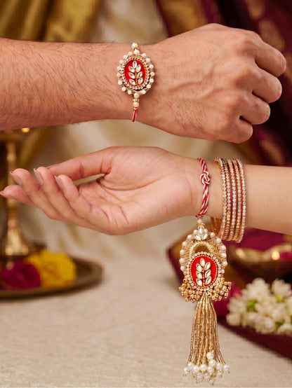 Designer Red Kundan Bhaiya Bhabhi Rakhi Set | Gold Lumba Tassel & White Beaded Matching Rakhi (216-S7R1-PJ7001-M)