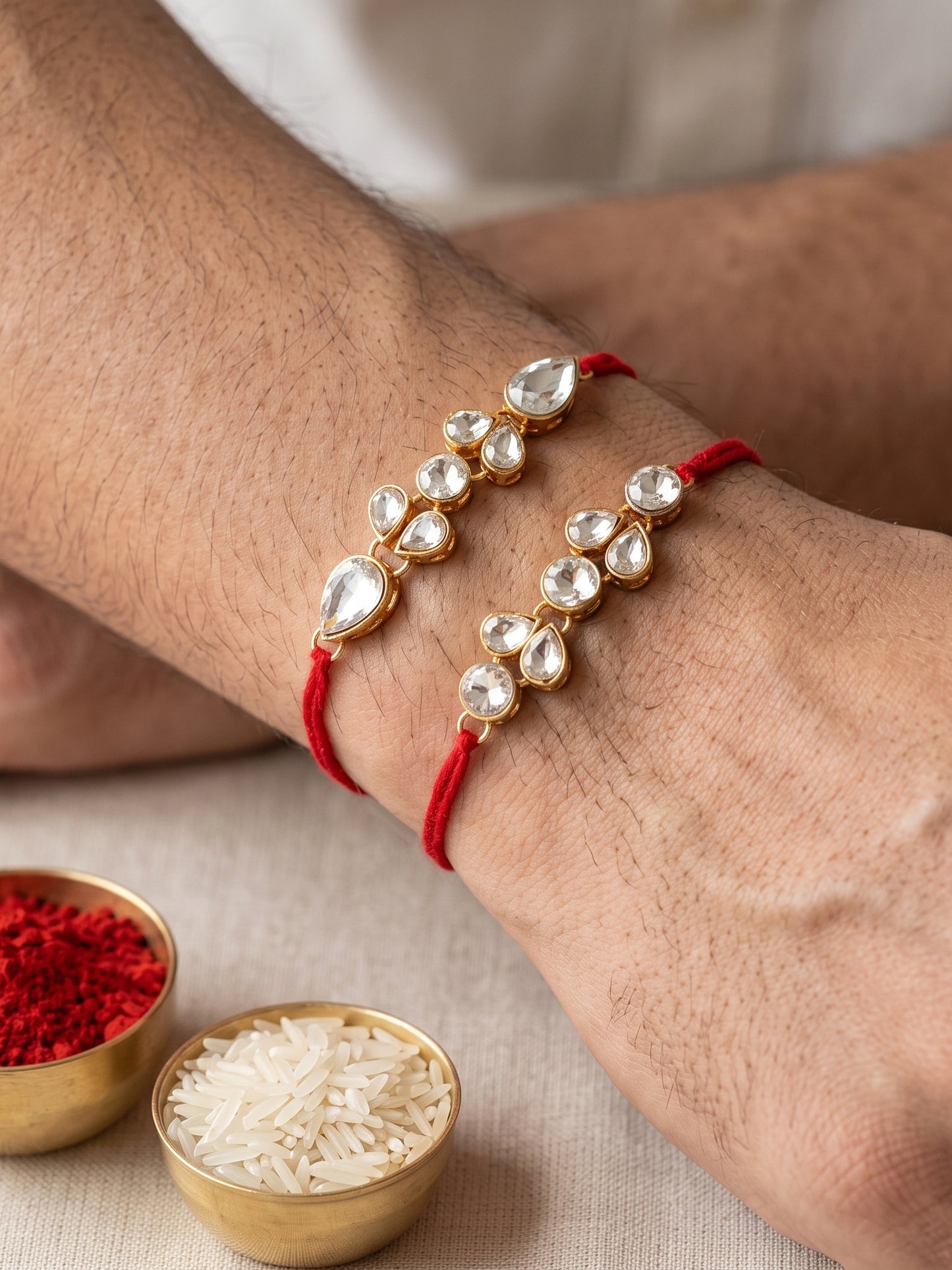 LUCKY JEWELLERY Traditional Rakhi for Brother/Bhaiya – Gold Plated Red Thread Rakshabandhan Rakhie White Stones for Bhai/Bhabhi (Pack of 2) – Fancy Rakhee Bracelet Rakshasutra (159-L1R1-07-W-2-2026)