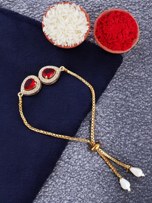 Lucky Jewellery Designer Maroon Color Stone Rakhi - Rakshabandhan Rakhee Bracelet Lumba for Bhabhi/Girls & Women with Pull Chain Pack of 1 (195-CHB2-1279-M)