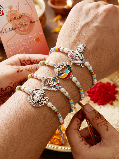 Lucky Jewellery Set of 4 Silver-Toned Bal Krishna & Peacock Rakhi for Brother | Designer Beaded Raksha Bandhan Threads with Roli, Chawal & Card (408-S5R1-2308-4)