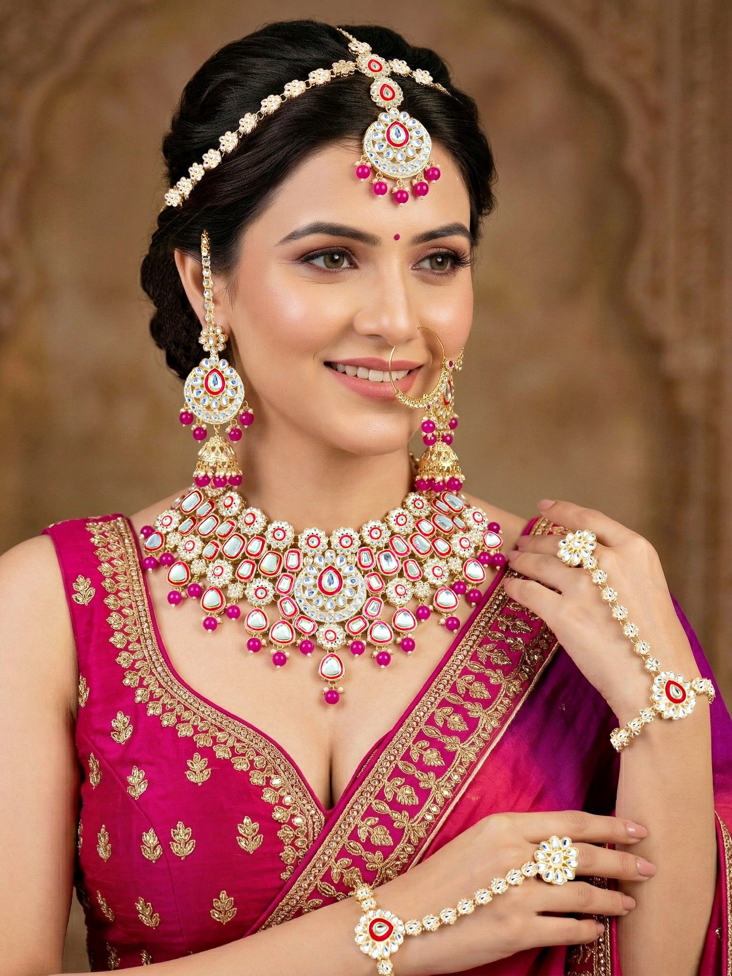 Bridal Kundan Red Choker Jewellery Set with Hathphool & Nath (2541-IZK-554-R)
