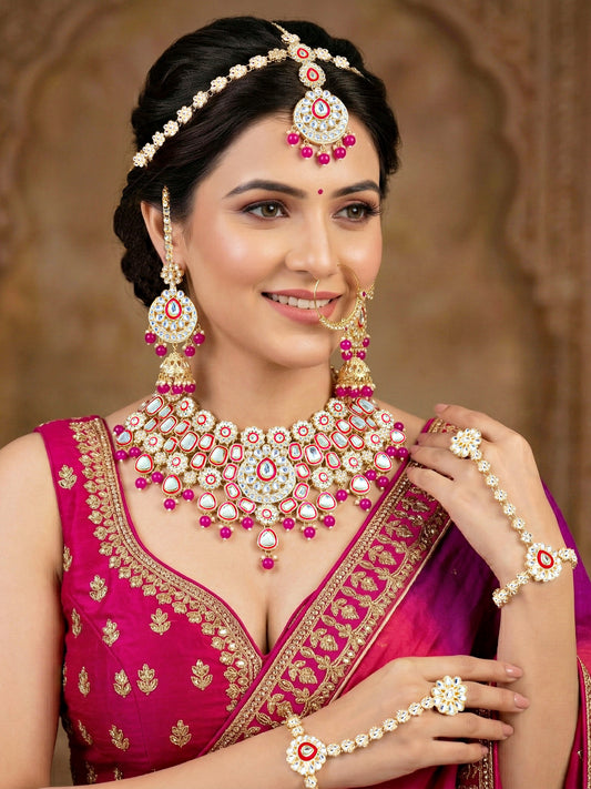Bridal Kundan Red Choker Jewellery Set with Hathphool & Nath (2541-IZK-554-R)