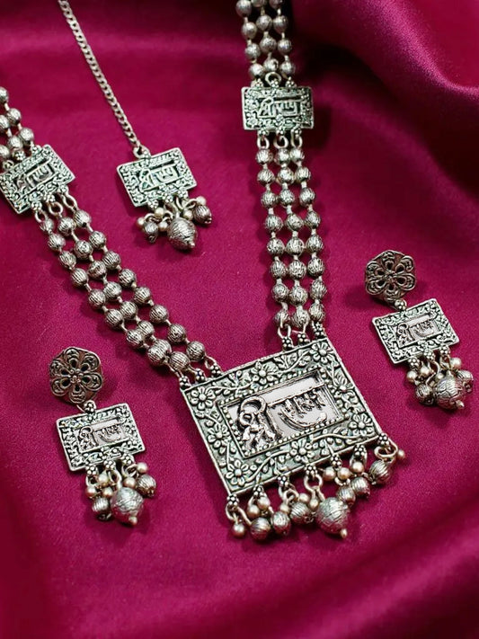 Oxidised Silver Plating Temple Jewellery Long Necklace Set for Women & Girls