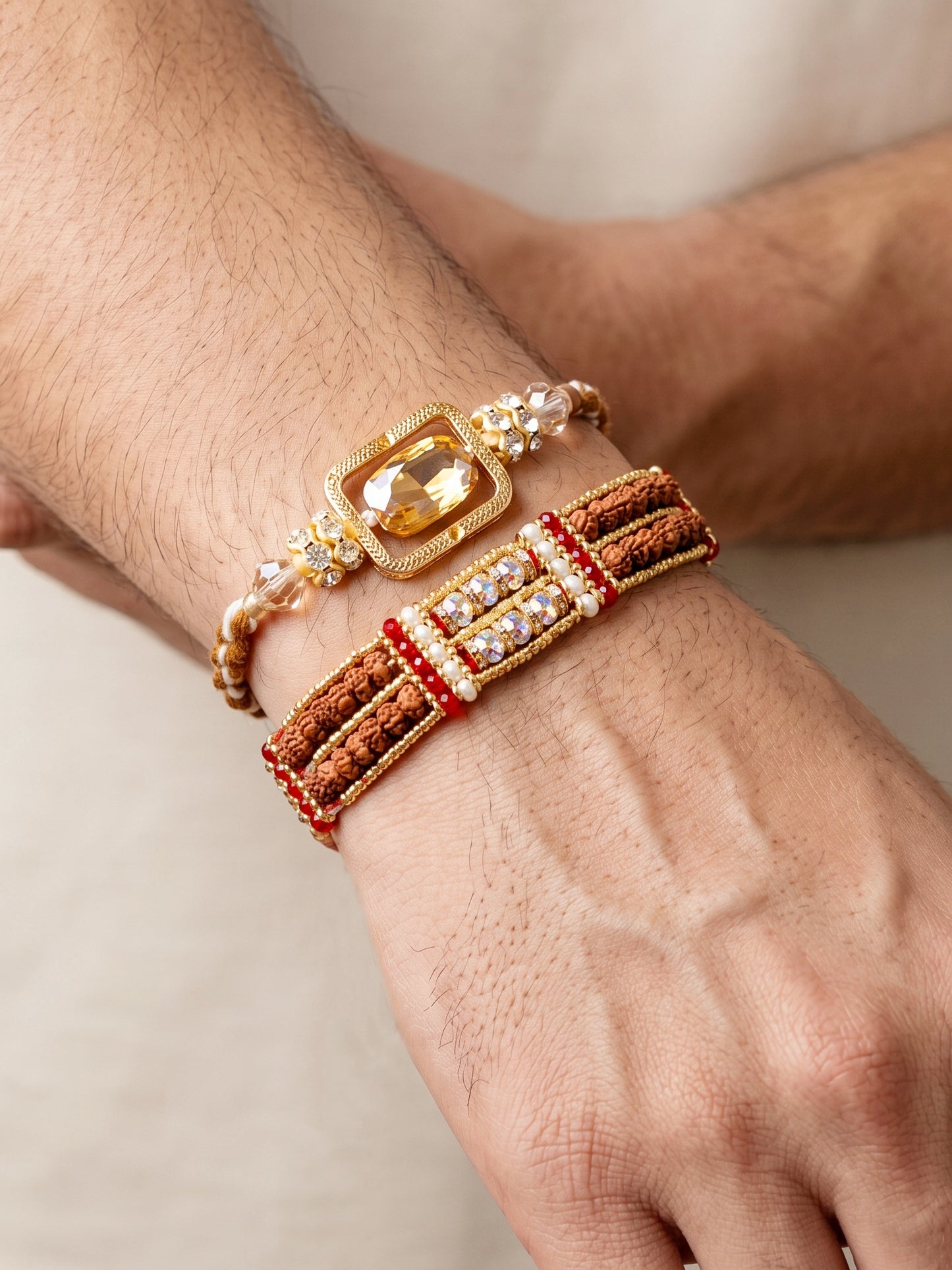 Designer Combo of 2 Rectangular Centerpiece Stone & Rudraksha Style Rakhi by Lucky Jewellery with Red Accents, Roli & Chawal (174-S7R1-2315-2)