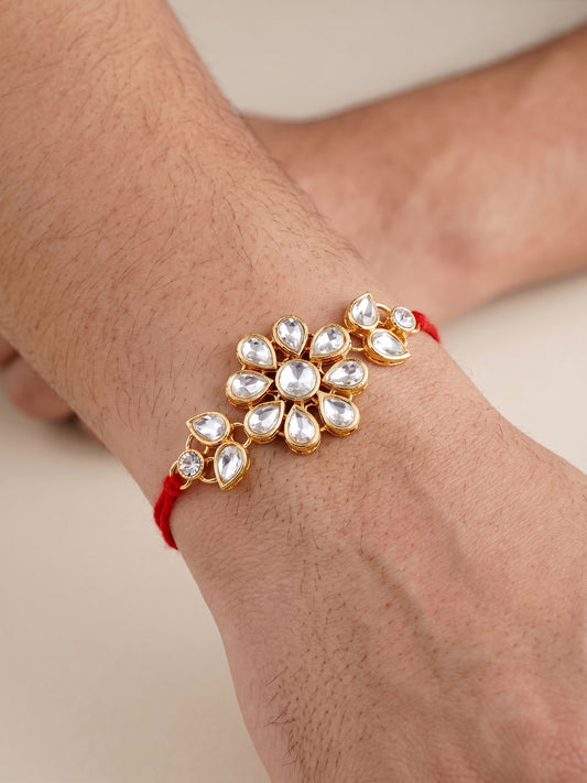 LUCKY JEWELLERY Traditional Rakhi for Brother/Bhaiya – Gold Plated Red Thread Rakshabandhan Rakhie White Stones for Bhai/Bhabhi (Pack of 2) – Fancy Rakhee Bracelet Rakshasutra (159-L1R1-03-W-2-2026)