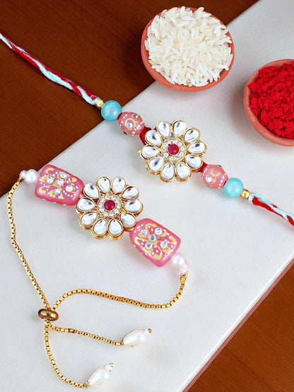 Lucky Jewellery Designer Kundan Stone Floral Rakhi - Rakshabandhan Rakhee with Lumba Bracelet for Brother/Bhaiya/Bhai/Bhabhi - Pack of 2 (173-CHR1-1849-2)