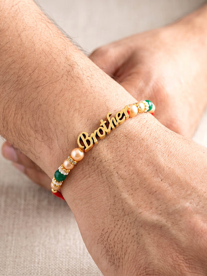 Set of 4 Gold Brother Text Rakhi with Green Beads, Roli Chawal & Card (102-CHR1-1964-4-2026)