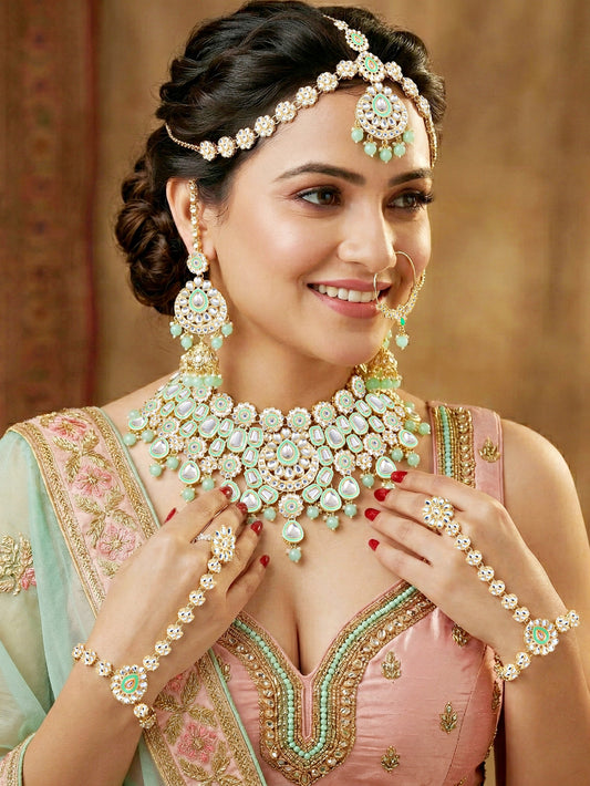 Bridal Kundan Mint Green Choker Jewellery Set with Hathphool & Nath (2541-IZK-554-MNT)
