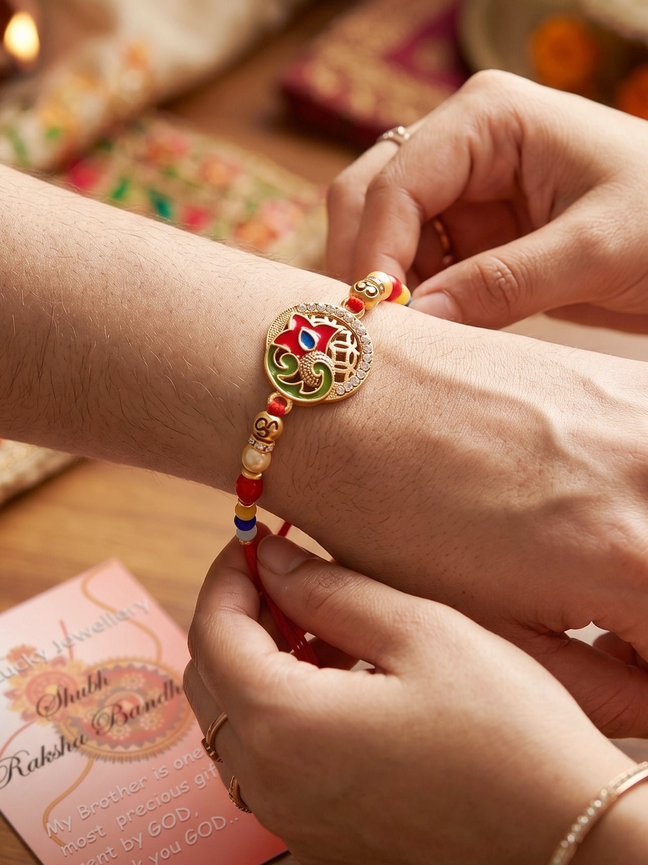 Designer Floral Enamel Multicolour Beaded Rakhi For Brother With Roli Chawal & Card (72-S5R1-AR2919)
