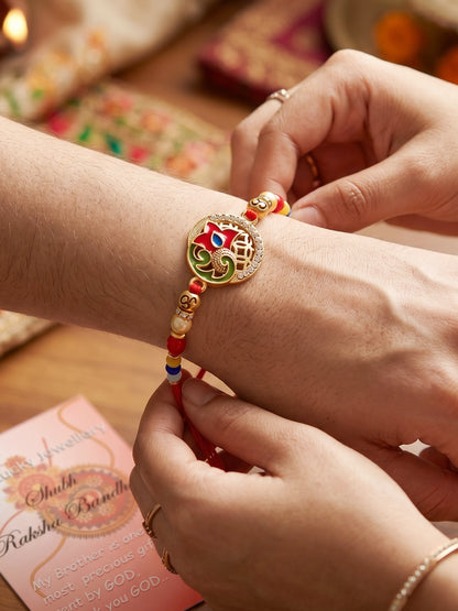 Designer Floral Enamel Multicolour Beaded Rakhi For Brother With Roli Chawal & Card (72-S5R1-AR2919)