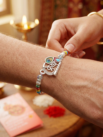 Spiritual Silver Krishna Bansuri Beaded Rakhi For Brother With Roli Chawal & Card (102-S5R1-AR2728)