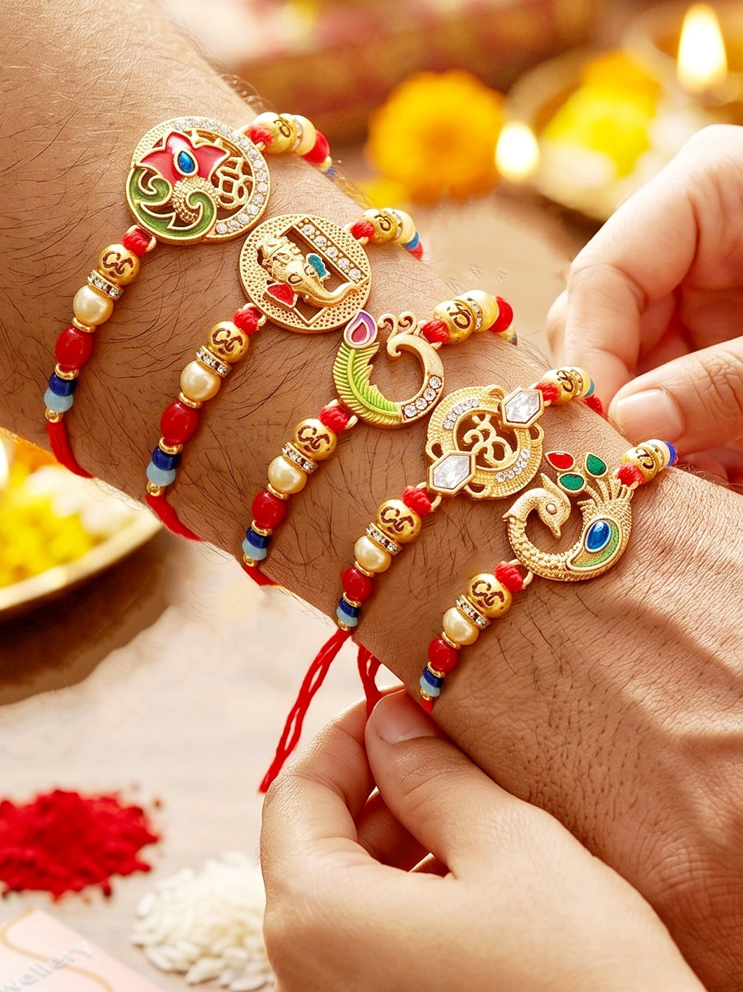 Lucky Jewellery Set of 5 Designer Rakhi for Brother | Golden Om, Ganesha & Peacock Beaded Threads | Premium Raksha Bandhan with Roli, Chawal & Greeting Card (360-S5R1-2305-5)