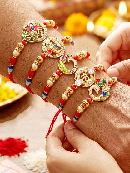 Lucky Jewellery Set of 5 Designer Rakhi for Brother | Golden Om, Ganesha & Peacock Beaded Threads | Premium Raksha Bandhan with Roli, Chawal & Greeting Card (360-S5R1-2305-5)