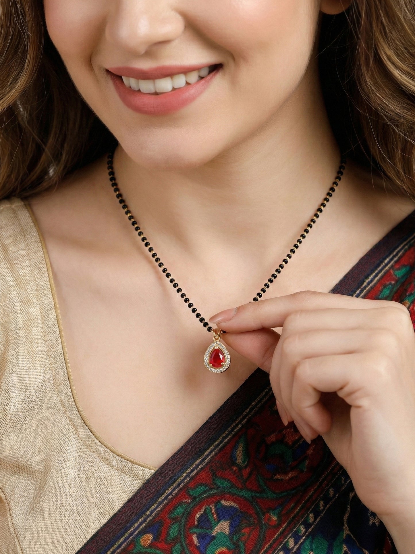 Lucky Jewellery Red Stone AD Mangalsutra for Women (113-CHMS-1279-M)