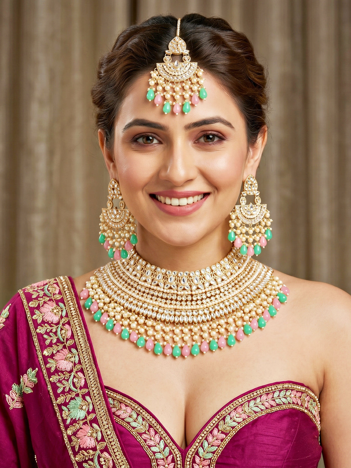 Gold Plated Kundan & Pearl Pink Mint Stone Bridal Choker Jewellery Set with Maang Tikka (1683-ISK-855-PKMNT)