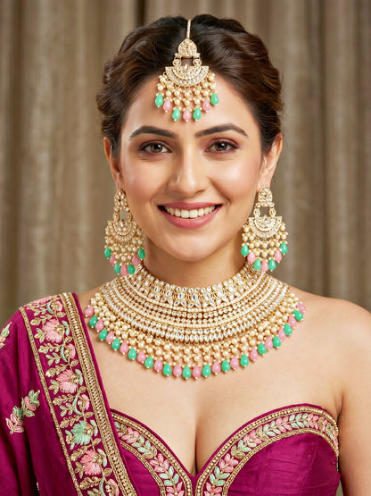 Gold Plated Kundan & Pearl Pink Mint Stone Bridal Choker Jewellery Set with Maang Tikka (1683-ISK-855-PKMNT)