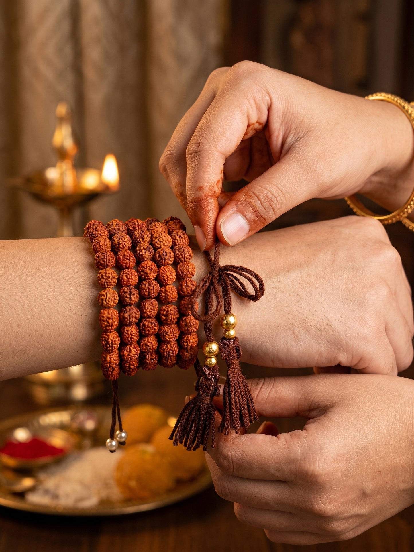 Traditional Rudraksha Rakhi for Brother. Spiritual Bead with Tassels, Roli, Chawal & Card (528-RRR1-1989-1-2026)