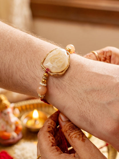 Designer Rakhi Set of 2 for Brothers. Elegant Faux Stone Centerpiece with Beads, Roli, Chawal (240-CHR1-1244-2-2026)