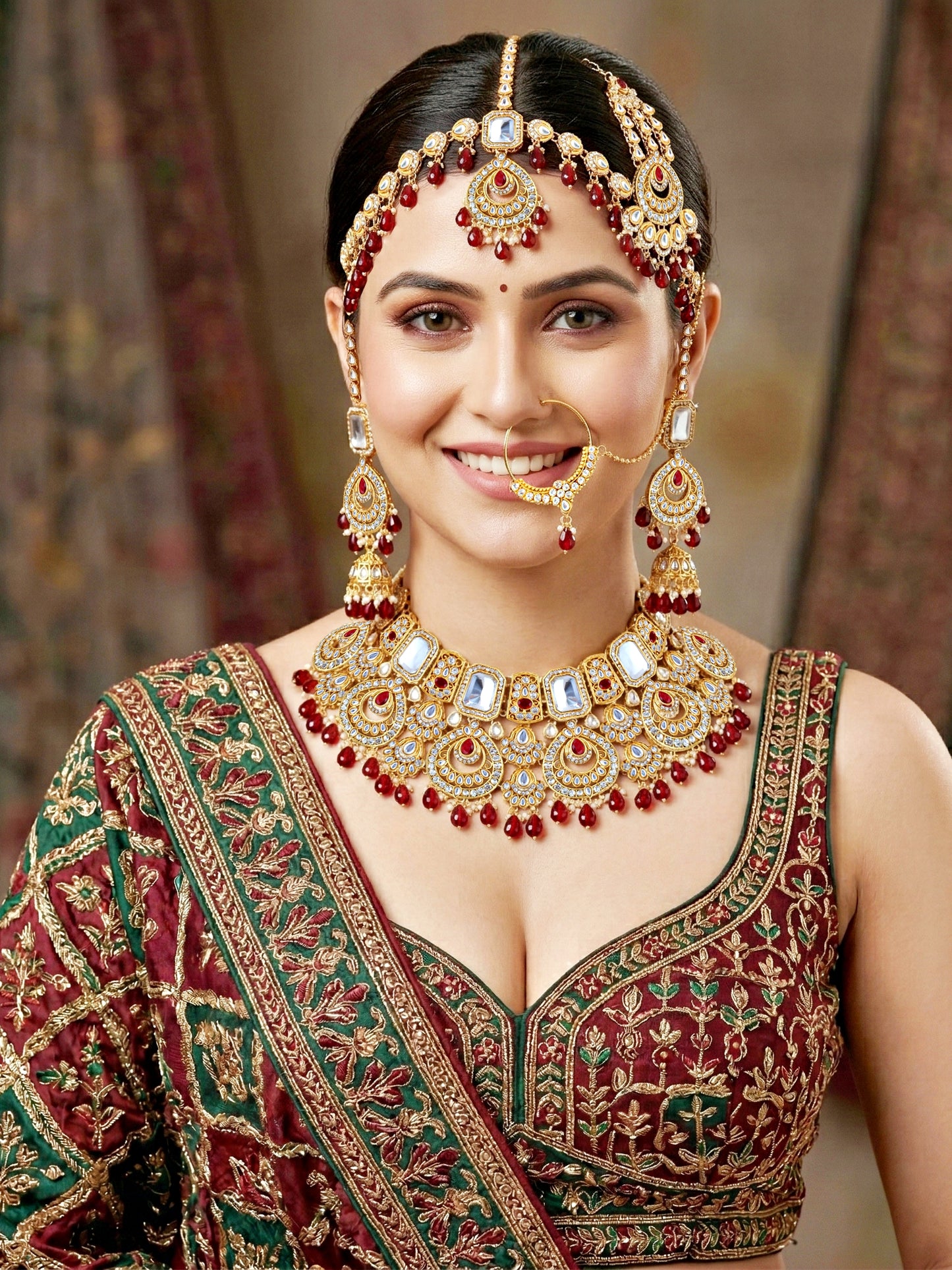 Bridal AD Maroon Stone Heavy Choker Jewellery Set with Sheesh Patti, Nath & Jhumka (3300-M8ZK-1106-M)