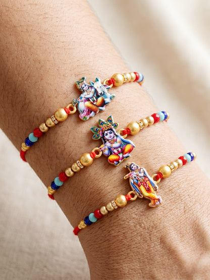 Designer Krishna Rakhi Set of 3 for Bhai | Traditional Red Thread with Golden & Colored Beads | Raksha Bandhan Gift Pack with Roli Chawal Card (252-S5R1-2310-3)