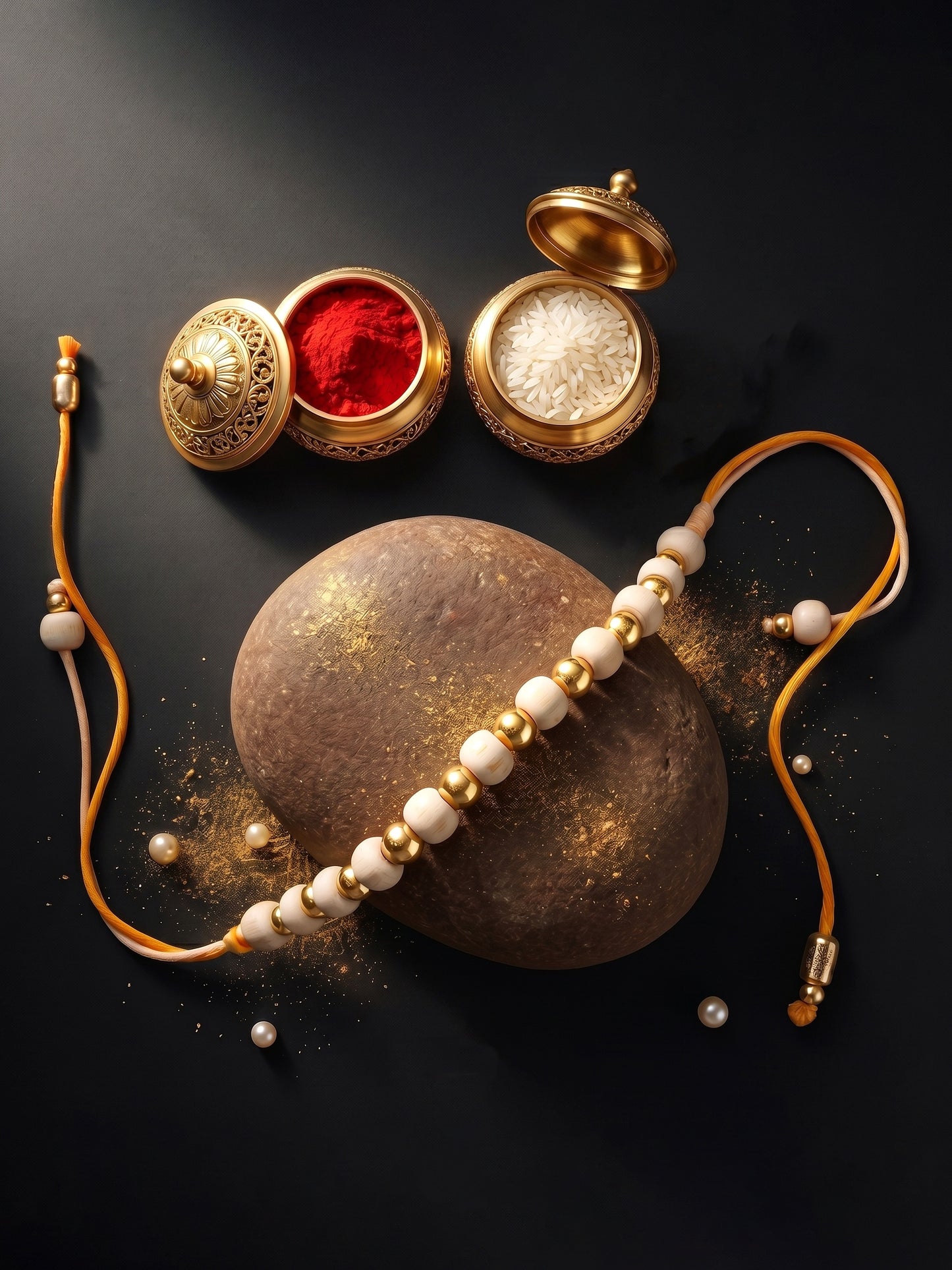 Traditional Tulsi Beads Rakhi for Brother with Gold Accents, Roli Chawal & Card (66-TUR1-1988-1-2026)