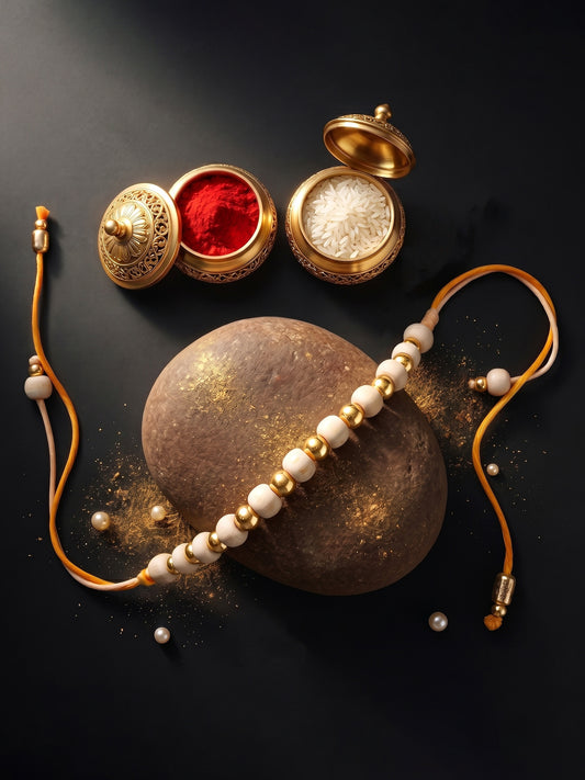 Traditional Tulsi Beads Rakhi for Brother with Gold Accents, Roli Chawal & Card (66-TUR1-1988-1-2026)