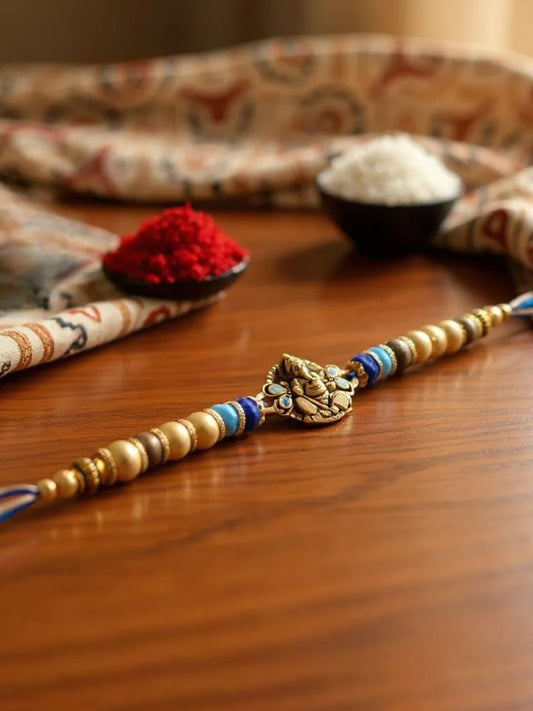 Gold Plated Meenakari Religious Rakshabandhan Ganpati Design Rakhi for Bhaiya/Bhabhi Pack of 1