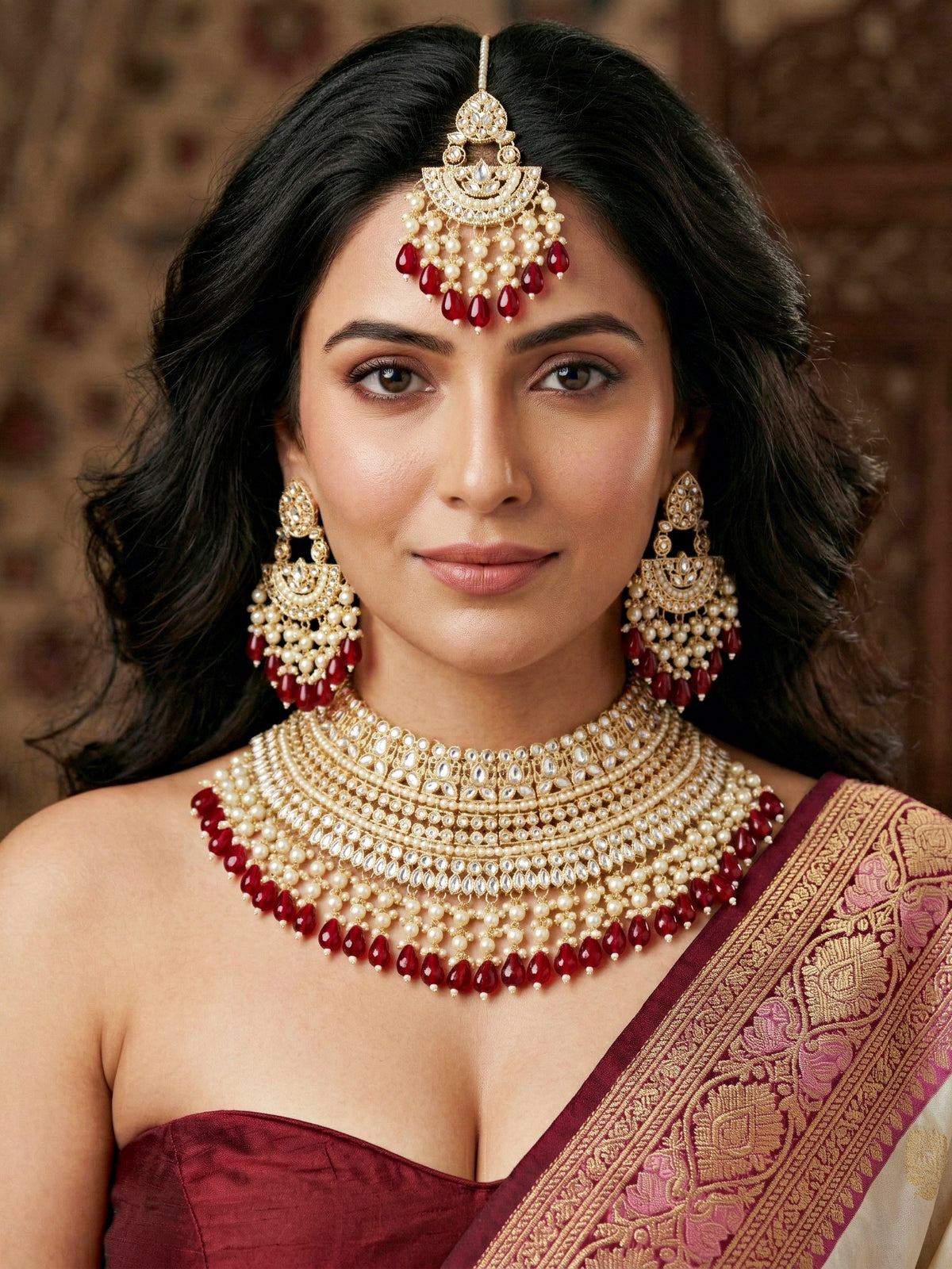 Gold Plated Kundan & Pearl Maroon Stone Bridal Choker Jewellery Set with Maang Tikka (1683-ISK-855-M)