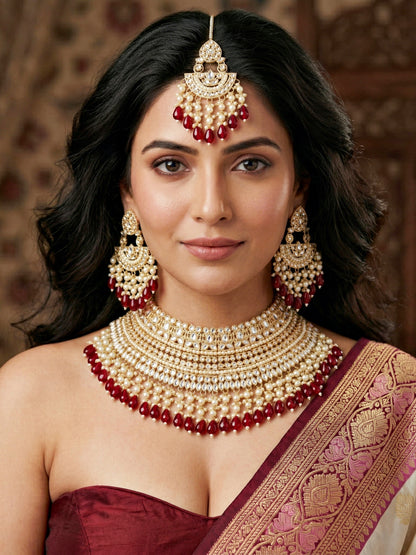 Gold Plated Kundan & Pearl Maroon Stone Bridal Choker Jewellery Set with Maang Tikka (1683-ISK-855-M)